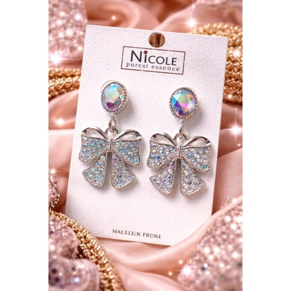 Silver tone Rhinestone Bow Drop Earrings | Iridescent Crystal Statement Earrings - Picture 1 of 2